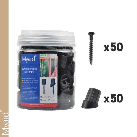 Hella Durable Black 50 Pack Anti Uv Round Baluster Connectors For Stair Railing Hardware Fits 3 4 Inch Diameter with screws.