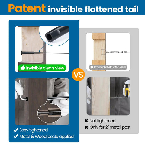 10 Pair Black Cable Railing Kit With Invisible One Eighth Inch Swage Tensioners And Hidden Thin Head Terminals In Stainless Steel comparison showing invisible tail vs exposed view on wood and metal posts