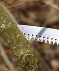 Close-up of Lightweight Manual Pole Saw Extension For Tree Pruning 10 Foot Reach Stainless Steel Blade cutting branch