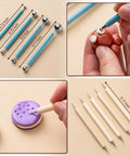 27 Piece Clay Tools Kit For Polymer And Air Dry Clay Fans showing ball stylus and wooden tools for precise shaping and dotting.