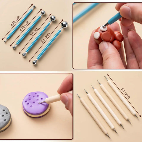 27 Piece Clay Tools Kit For Polymer And Air Dry Clay Fans showing ball stylus and wooden tools for precise shaping and dotting.