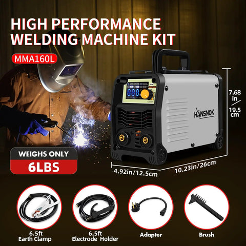 110/220V MMA Arc Welder 160A with LED display, electrode holder, crimping tool, brush, and IGBT inverter for home shop projects.