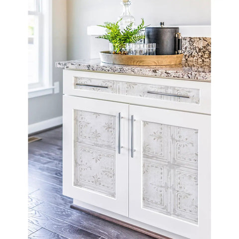 White Tin Tile Metallic Peel And Stick Wallpaper Easy Install DIY Friendly Repositionable And Removable No Mess Accent Wall Decor 20.5 Inch Wide By 16.5 Feet Long Covers About 28.2 Sq Ft on cabinet doors