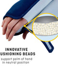 Close-up of Night Wrist Sleep Support With Adjustable Fit For Injured Wrists showing cushioning beads, navy color.
