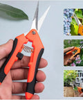 All-Purpose Pruning Shears For Gardening, Stainless Steel Bypass Pruners With Sharp Pointed Tips, Spring-Loaded Hand Shears For Plants And Light Branches, Ergonomic Green Garden Clippers For Easy Yard Work, orange and black 6.5 in hand shears
