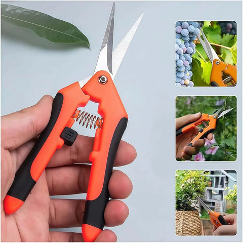 All-Purpose Pruning Shears For Gardening, Stainless Steel Bypass Pruners With Sharp Pointed Tips, Spring-Loaded Hand Shears For Plants And Light Branches, Ergonomic Green Garden Clippers For Easy Yard Work, orange and black 6.5 in hand shears