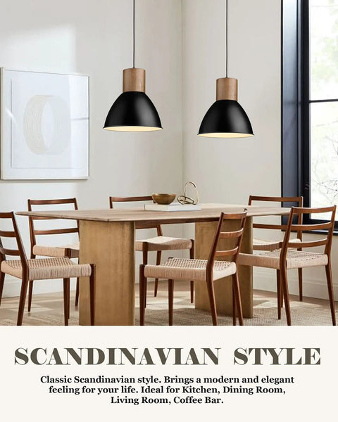 Industrial Pendant Light For Kitchen Island 8 Inch Solid Wood Hanging Lamp With Matte Black Metal Shade in dining room