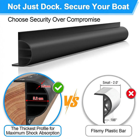 Diagram of P Profile Dock Bumpers comparing thickness with flimsier plastic bar for heavy duty wall EPDM rubber docking fender black