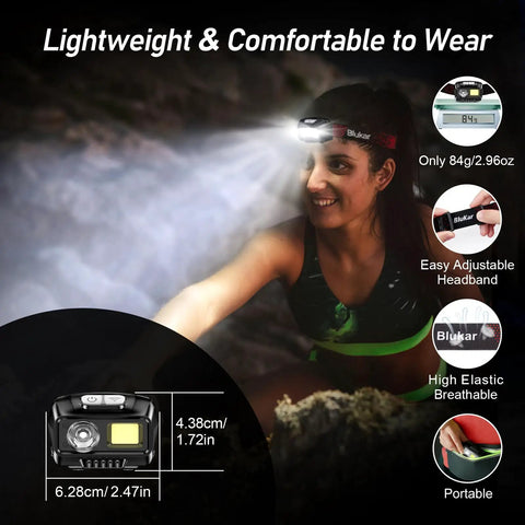 Woman wearing Beefy Rechargeable LED Headlamp with Stepless Dimming 2000 Lumen beaming in dark outdoor setting