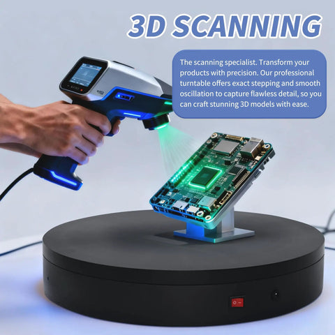 Foxvee Remote Controlled Motorized Turntable, 360 Degree Rotating Display Stand For Photography And 3D Scan, showcasing a 3D scanner and circuit board.