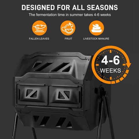 Heavy Duty 42 Gallon Dual Chamber Outdoor Compost Tumbler With Sliding Doors And Rotating Dual Batch System, front view