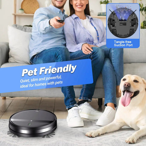 Ultra Slim 2.8 Inch Robot Vacuum And Mop That Runs Quiet At 65 Decibel No Tangle Design Smart 3D Obstacle Avoidance in living room with pet