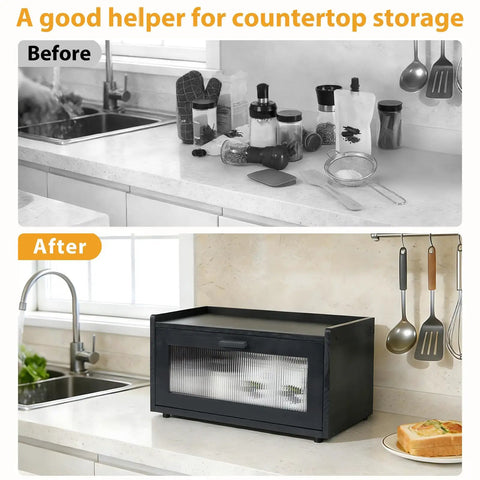 Stackable Pine Wood Bread Box For Kitchen Countertop With Magnetic Acrylic Door Large Black installed on counter near sink