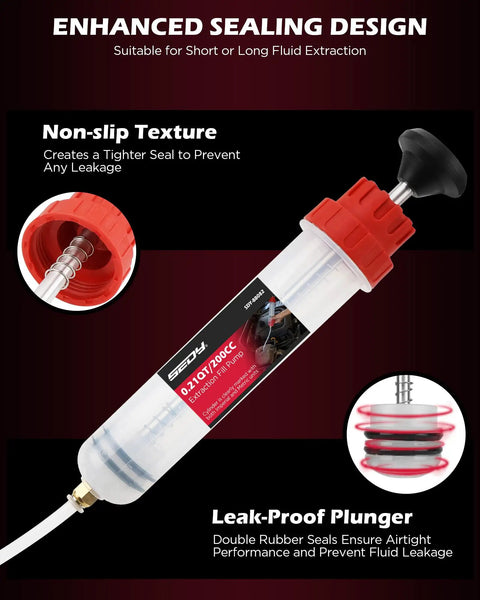 200Cc No Sweat Fluid Extractor Pump With Hella Long Flexible Silicone Hose, showing leak-proof design and non-slip grip.