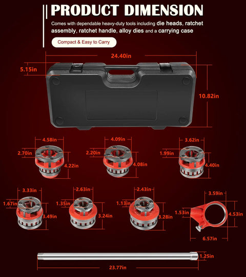 12R Manual Exposed Ratchet Pipe Threader Set With 6 NPT Die Heads From Half Inch To Two Inch Pipe Portable Tool Kit With Storage Case For Plumbing Installation And Repair displayed with dimensions