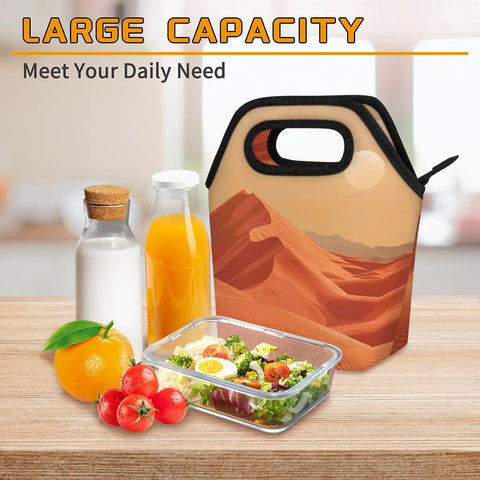 Sunset Insulated Lunch Tote Bag Portable Lunch Box with desert design beside lunch and drinks