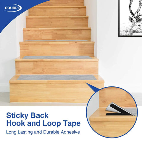 Stairs with carpet secured by 1 Inch Wide Hook And Loop Tape Roll Set Two 26 Foot Rolls Self Adhesive Nylon Fasteners.