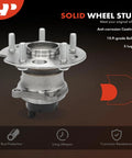 Rear Wheel Bearing And Hub Assembly With ABS For Toyota RAV4 1996 To 2005 FWD Only 5 Lug Hub Replacement Built For High Load And Keeps Your Ride Smooth On The Road; close-up view of wheel hub with bolts and anti-corrosion coating.