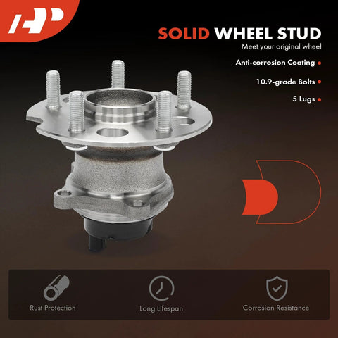 Rear Wheel Bearing And Hub Assembly With ABS For Toyota RAV4 1996 To 2005 FWD Only 5 Lug Hub Replacement Built For High Load And Keeps Your Ride Smooth On The Road; close-up view of wheel hub with bolts and anti-corrosion coating.