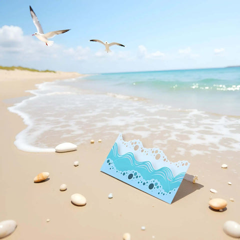 Beach Wave Metal Cutting Dies Set For Scrapbooking And Card Making, Summer Stencil And Embossing Templates on sandy beach with seagulls.