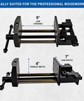 Two 7 Inch Heavy Duty Woodworking Vises with Ductile Iron, Black Enamel Finish, 9 inch Jaw Opening, 4 inch Throat Depth shown