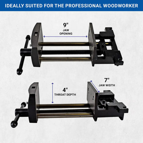 Two 7 Inch Heavy Duty Woodworking Vises with Ductile Iron, Black Enamel Finish, 9 inch Jaw Opening, 4 inch Throat Depth shown