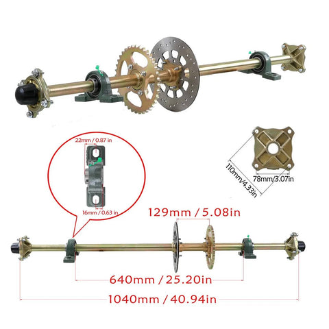 44 Inch Go Kart Rear Live Axle Kit With Shaft Sprocket Hubs Brake Master Cylinder And Nineteen By Seven By Eight Tires For Do It Yourself Go Karts ATVs Quads Buggy Golf Carts And Off Road Vehicle Projects showing kit components and measurements.