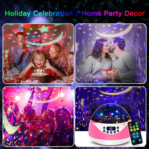 Collage of Kids Night Light Projector With Timer And Music creating starry sky in various party settings, pink design with remote.