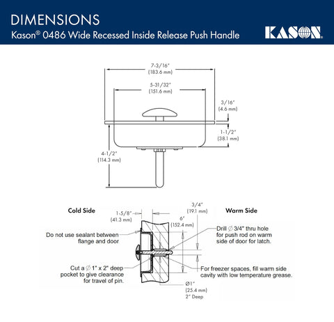 Diagram of Wide Recessed Inside Release Handle with dimensions, model 10486A00600, showing installation details for 56 and 5656 latches.