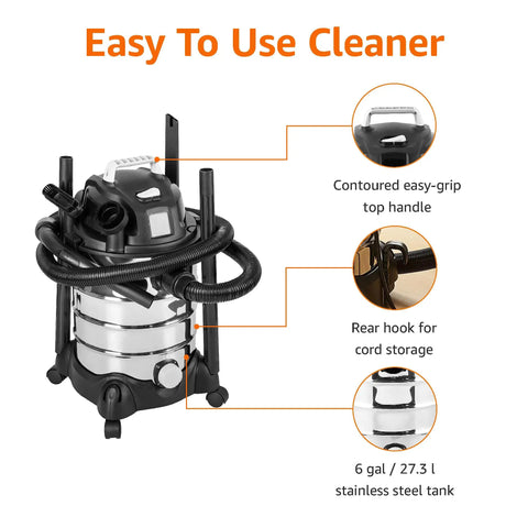 6 Gallon Wet Dry Shop Vacuum Cleaner With 3.5 HP Motor featuring stainless steel tank, handle, and cord hook