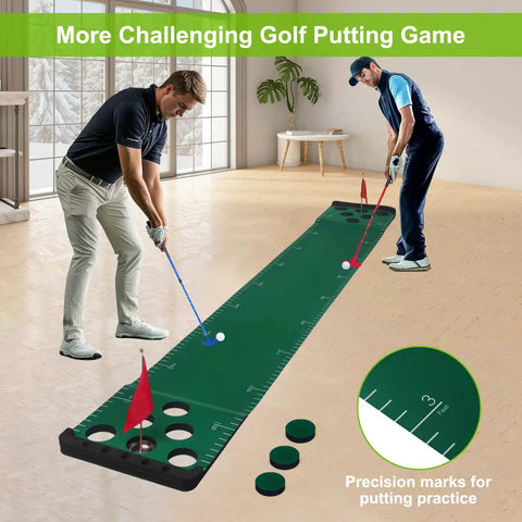Ultimate Backyard Golf Putting Game Set With Velvet Putting Mat For Home Practice, two players using the 1-10ft mat indoors.