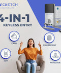Woman pointing to 4 In 1 Smart Door Lock With Wi Fi Keyless Entry Fingerprint Scanner Keypad And Remote App Access Easy Direct Fit Installation