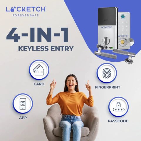 Woman pointing to 4 In 1 Smart Door Lock With Wi Fi Keyless Entry Fingerprint Scanner Keypad And Remote App Access Easy Direct Fit Installation