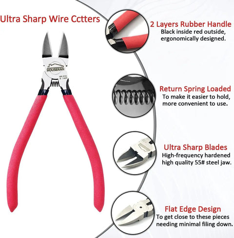 6 Inch Flush Cut Wire Cutters Set 5 Pack With Non Slip Handles, Spring Loaded Diagonal Cutting Pliers for jewelry making