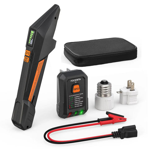 Circuit Breaker Finder And GFCI Outlet Tester Digital Receiver Pro Grade With Color Screen NCV Detection For Home Electrical Safety Includes Carrying Case And Adapters 90 To 135V AC Circuits FTCT02 shown with accessories.