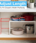 Expandable Kitchen Storage Shelves With Heavy Duty Metal Build, 110 Lbs Capacity, Adjustable Length From 18.2 To 28.9 Inches And Heights Of 11.6, 14, Or 16.3 Inches, Stackable Organizer For Cabinets, Pantry, Garage, And Small Appliances, White installed in a kitchen cabinet.