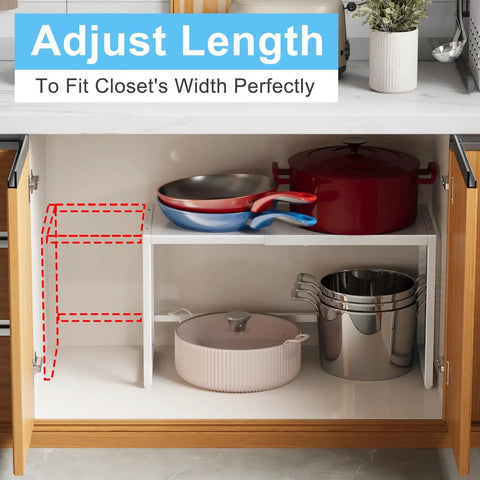 Expandable Kitchen Storage Shelves With Heavy Duty Metal Build, 110 Lbs Capacity, Adjustable Length From 18.2 To 28.9 Inches And Heights Of 11.6, 14, Or 16.3 Inches, Stackable Organizer For Cabinets, Pantry, Garage, And Small Appliances, White installed in a kitchen cabinet.