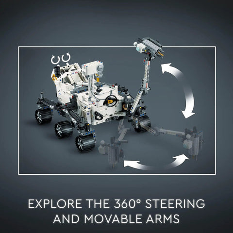 Technic NASA Mars Rover Perseverance Build Kit For STEM Lovers Realistic Display Model showing 360° steering and movable arms feature.