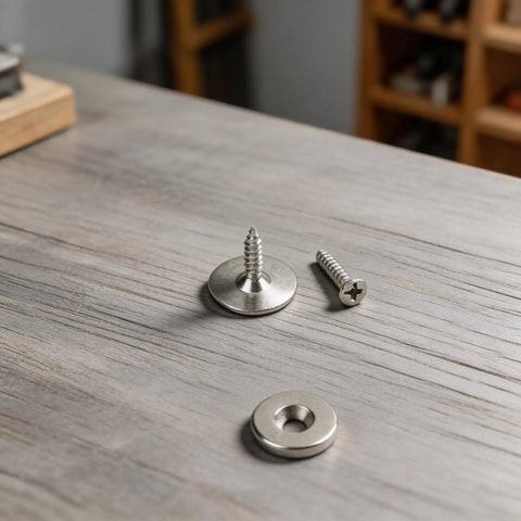 Ultra Slim Magnetic Cabinet Door Catch With 15 LB Holding Power components on wood surface, silver finish visible