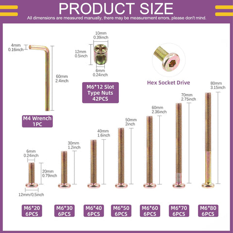 Product dimensions for Colored Zinc M6 Hex Socket Head Cap Screws Kit With 20/30/40/50/60/70/80mm Lengths, Barrel Nuts, Crib Baby Bed Bolts, And 1 Allen Wrench