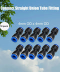 10 Pack Push To Connect Straight Tube Fittings 4mm OD To 4mm OD Pneumatic Connectors for air lines, blue and black fittings