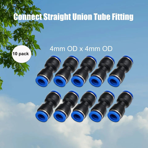 10 Pack Push To Connect Straight Tube Fittings 4mm OD To 4mm OD Pneumatic Connectors for air lines, blue and black fittings