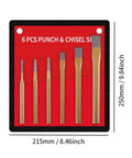 Solid 6Pcs Center Punch And Chisel Kit For Metal DIY Pros Includes Flat Masonry Chisels Precision Tools With Tough Steel Build You Need For Heavy Duty Projects That Get The Job Done Right. 6-piece steel set on red holder, 215 x 250 mm