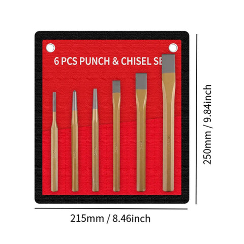 Solid 6Pcs Center Punch And Chisel Kit For Metal DIY Pros Includes Flat Masonry Chisels Precision Tools With Tough Steel Build You Need For Heavy Duty Projects That Get The Job Done Right. 6-piece steel set on red holder, 215 x 250 mm