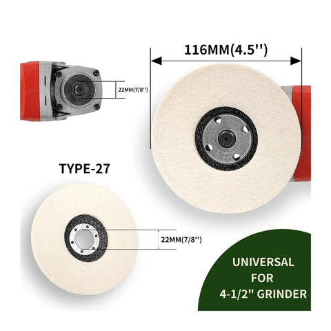 Pro-Grade Wool Buffing Wheel for Angle Grinder Polishing, 4.5 inch disc, Type-27, soft wool pad, metal and wood finishing.