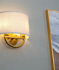 Linen Boho Aged Brass Wall Sconce With Two Light Indoor Vanity Lamp Dope Vintage Metal Base And Semicircle Shade on wall