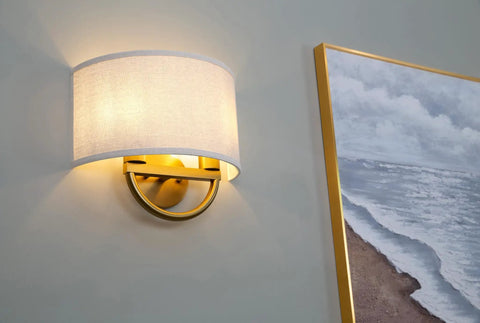 Linen Boho Aged Brass Wall Sconce With Two Light Indoor Vanity Lamp Dope Vintage Metal Base And Semicircle Shade on wall
