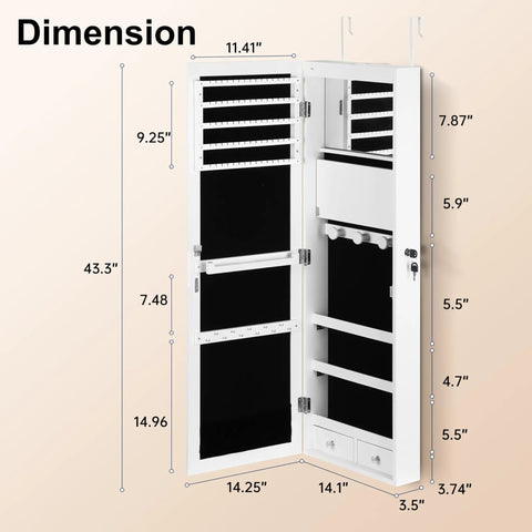 Dimensions of full-length mirror jewelry cabinet with LED interior lights, wall or door mounted armoire, open view with compartments.