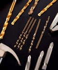 Fifteen Piece One Eighth Inch Cobalt Drill Bit Set M35 High Speed Steel Twist Drill Bits For Hardened Metal displayed with tools.