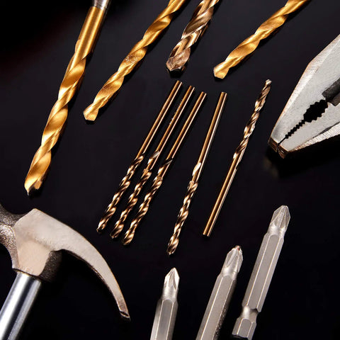 Fifteen Piece One Eighth Inch Cobalt Drill Bit Set M35 High Speed Steel Twist Drill Bits For Hardened Metal displayed with tools.